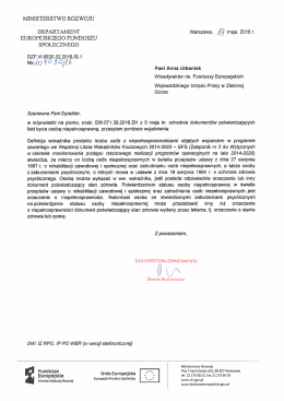 Pismo Ministerstwa Rozwoju Departament Europejskiego Funduszu