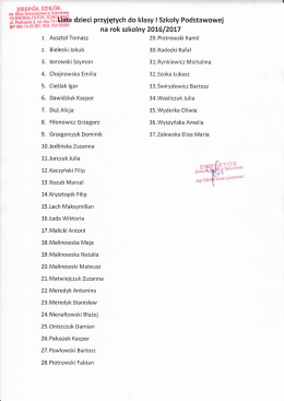 lista dzieci przyjętych do klasy pierwszej na rok szkolny 2016/2017
