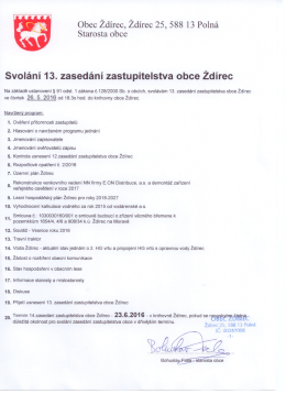 Pozvánka na 13. zasedání zastupitelstva obce Ždírec