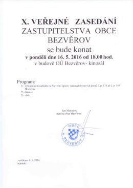 Plakát na X. veřejné zasedání zastupitelstva obce Bezvěrov dne 16