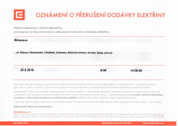 Page 1 OZNÁMENÍ O PŘERUŠENÍ DODÁVKY ELEKTŘINY Vážená