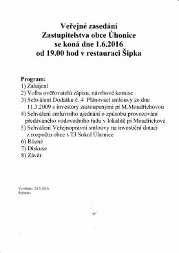 Program Veřejného zasedání Zastupitelstva obce Úhonice dne 1.6