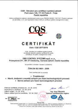 Certifikát ISO - DBD CONTROL SYSTEMS spol. s ro