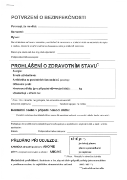 Page 1 POTVRZENÍ O BEZINFEKČNOSTI Potvrzuji, že mé dítě