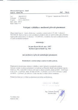 Veřejná vyhláška OÚ Lipová-lázně č.j. OULL/1329/2016
