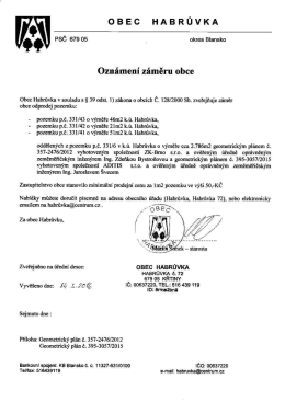 Ozn&aacute;men&iacute; z&aacute;měru odprodej pozemku