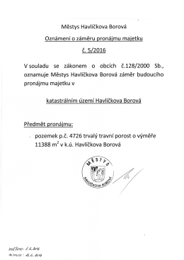 Oznámení o záměru pronájmu majetku č. 5/2016