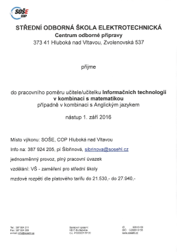 Učitel/ka IT-M, případně v kombinaci s AJ, SOŠE Hluboká nad Vltavou