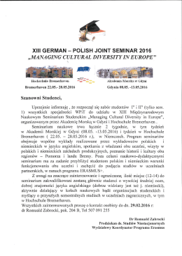 XIII GERMAN — POLISH JOINT SEMINAR 2016 „MANA GIN G C UL