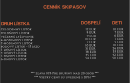 Cenník skipasov - Penzión Family Kokava
