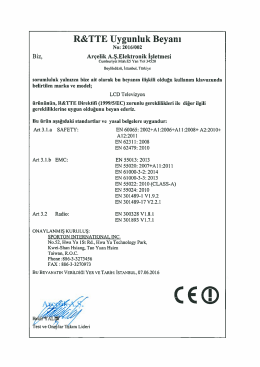 Page 1 R&TTE Uygunluk Beyanı N0: 2016/002 Biz, Arçelik A.Ş