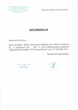 Informacja Zarządu Śródmiejskiej Spółdzielni Mieszkaniowej w