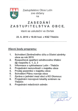 Zastupitelstvo Obce Lutín zve občany na zasedání Zastupitelstva