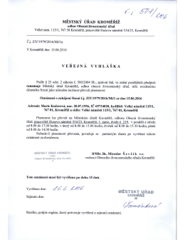 veřejná vyhláška, Marie Kučerová, Velké náměstí 115/1, Kroměříž