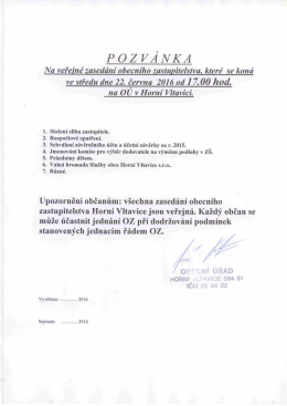 Pozvánka na veřejné zasedání ZO konané dne 22.6.2016