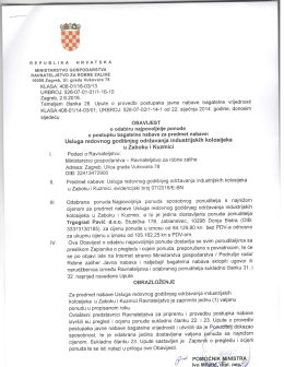 07.06.2016. - Obavijest o odabiru za predmet nabave