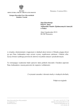 List kondolencyjny do Ambasadora USA w Polsce