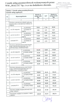 Cennik usług pozataryfowych wykonywanych przez