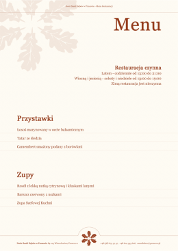 Menu Restauracji - Sześć Dęb&oacute;w Dw&oacute;r w Prusewie