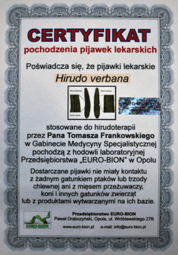 zobacz certyfikat - Pijawki lekarskie