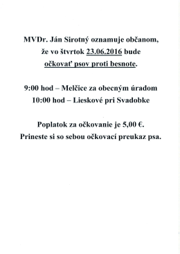 OZNAM očkovanie psov - Obec Melčice