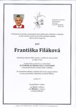 Smuteční oznámení paní Františka Filáková