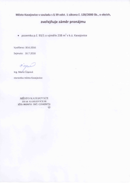 Záměr pronájmu pozemku v k. ú. Kasejovice p. č. 93 / 1