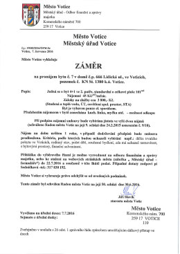 Záměr na pronájem bytu č. 7 v č.p. 666 Lidická ul