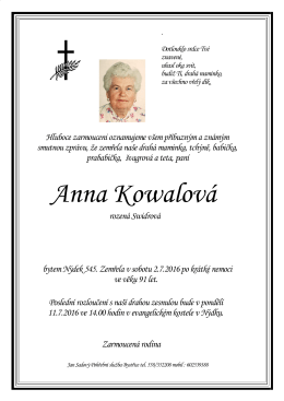 Anna Kowalová - Jan Sadový,Pohřební služba, Jablunkov