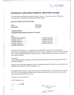 oznámení o přerušení dodávky elektrické energie dne 25.7.2016