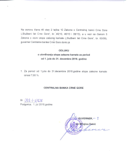 Stopa zatezne kamate za period od 1. jula do 31. decembra 2016