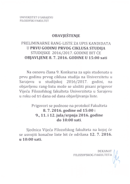 Obavje&scaron;tenje o objavljivanju preliminarnih rang