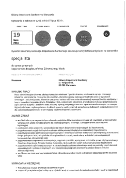 Ogłoszenie o naborze na stanowisko Specjalisty w Departamencie