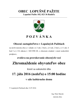 Pozvánka na zhromaždenie občanov Lopušné Pažite 2016_07_17