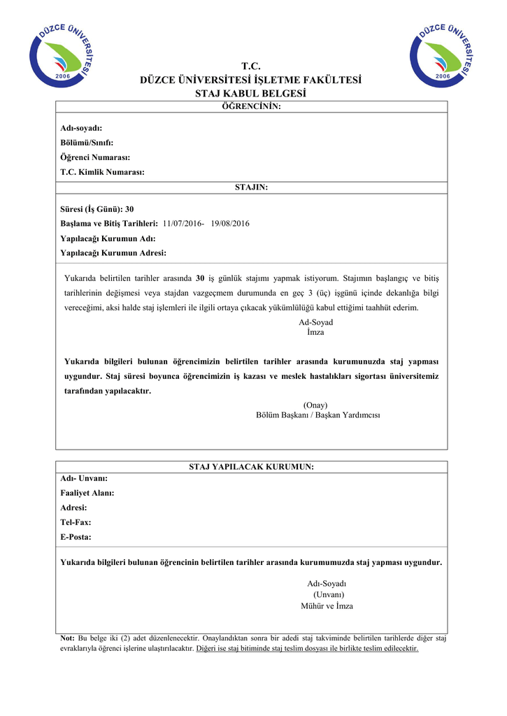 tc duzce universitesi isletme fakultesi staj kabul belgesi