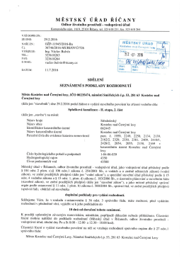Mětsk&yacute; &uacute;řad Ř&iacute;čany - Sdělen&iacute; sezn&aacute;men&iacute; s podklady rozhodnut&iacute;