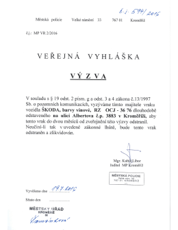 Městsk&aacute; policie Kroměř&iacute;ž - v&yacute;zva k odstraněn&iacute; vraku vozidla &Scaron;koda