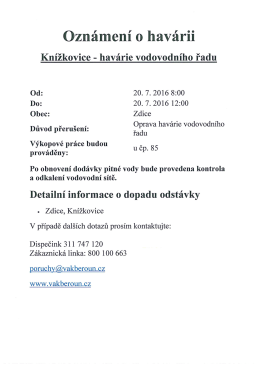 Oznámení o havárii vodovodního řadu