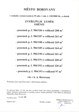 Zveřejňuje záměr směnit pozemky v k.ú. Borovany