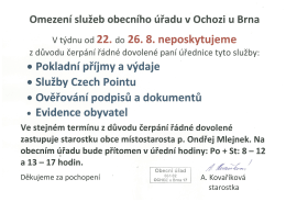22. - 26. 8. Omezen&yacute; provoz O&Uacute; Ochoz u Brna