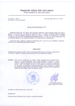 Rozhodnut&iacute; o registraci politick&eacute; strany ODS pro volby do Sen&aacute;tu