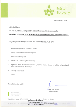 Pozv&aacute;nka na jedn&aacute;n&iacute; Zastupitelstva města Borovany dne 24.8.2016