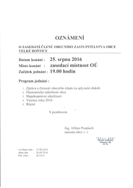 oznámení o zasedání členů OZ dne 25.08.2016