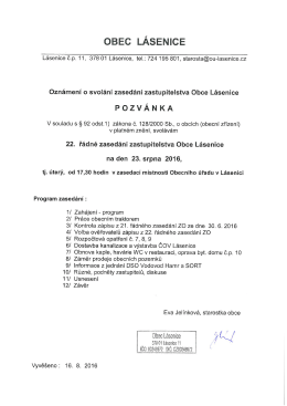 Pozvánka na 22. řádné zasedání ZO Lásenice 23. srpna 2016