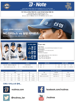NC 다이노스(59승 39패 2무) vs 삼성 라이온즈(46승 58패 1무)