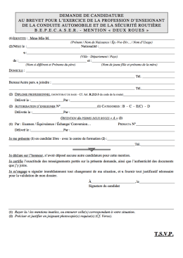 DEMANDE DE CANDIDATURE AU BREVET POUR L`EXERCICE
