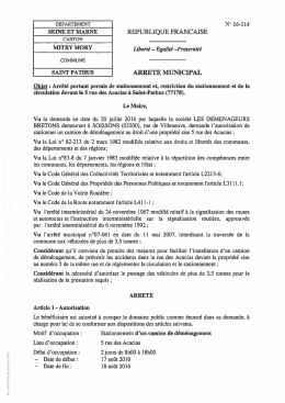 Arr&ecirc;t&eacute; portant permis de stationnement et restriction du