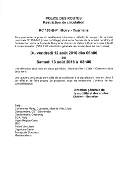 Restriction de circulation : Moiry-Cuarnens