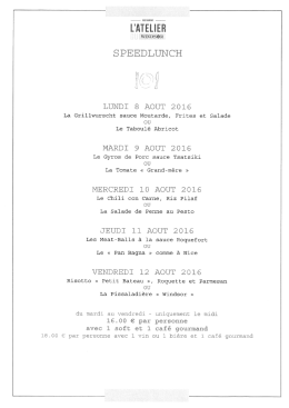 Menu Speedlunch - L`Atelier du WINDSOR
