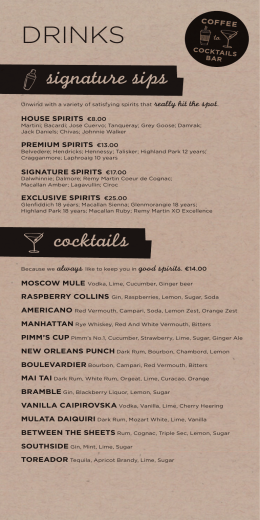 View our full Coffee to Cocktails bar menu.